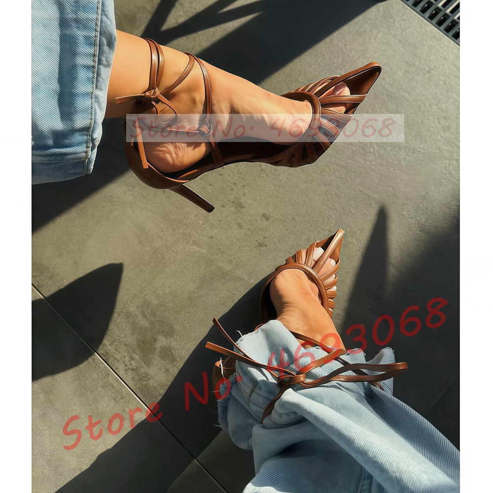 Brown Pointy Toe Caged Sandals - Crossfit Lady avaliação e preço