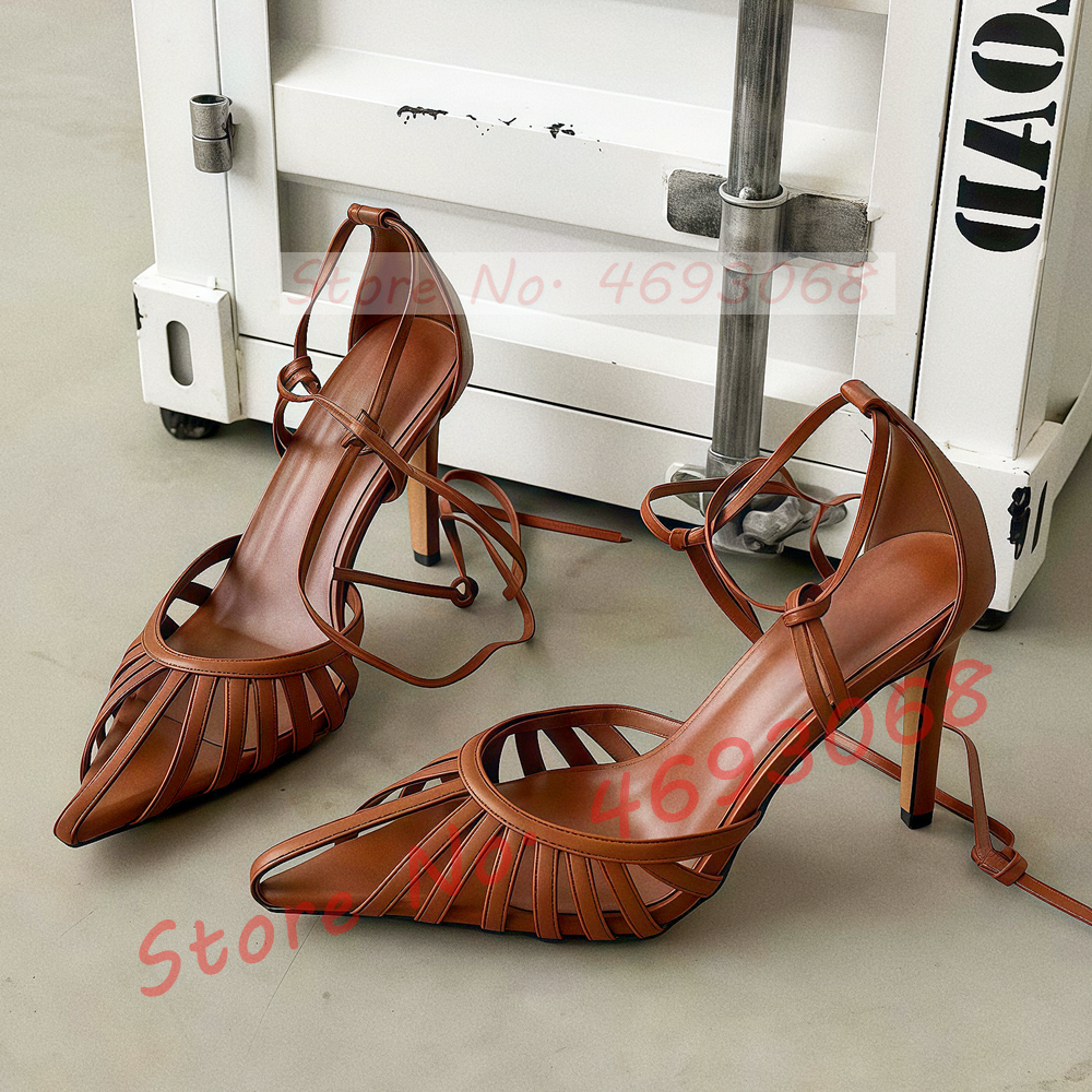 Brown Pointy Toe Caged Sandals - Crossfit Lady avaliação e preço